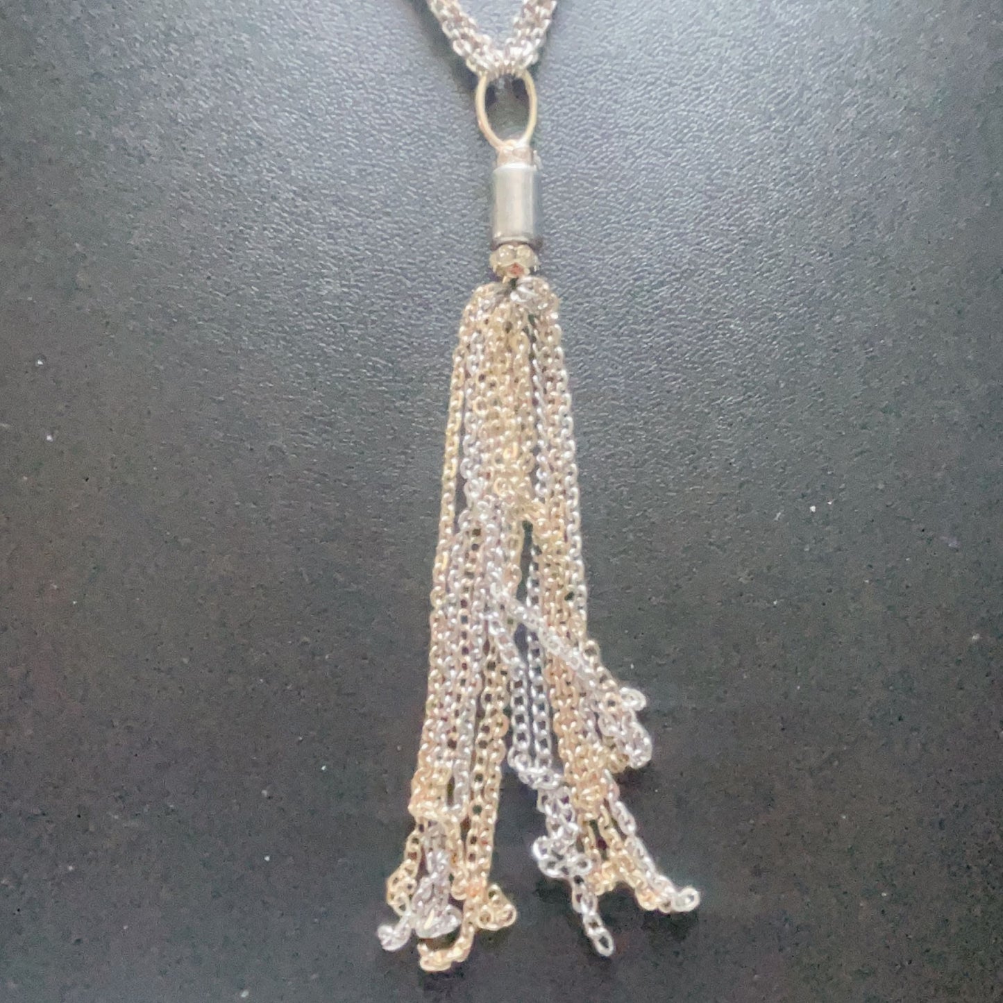 Chico's 2 Tone Silver & Gold Long Multi Chain with Tassel Necklace Medium
