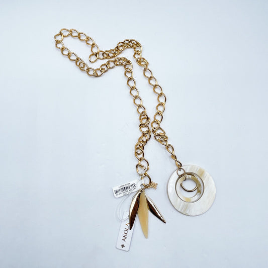 Akola Gold Chain Necklace With Mother-Of-Pearl Circle Pendant & Dangling Leaf Charms