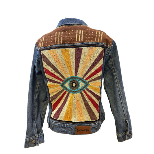 Levis Denim Jacket With Beaded Eye Design On Back & Brown Accents M