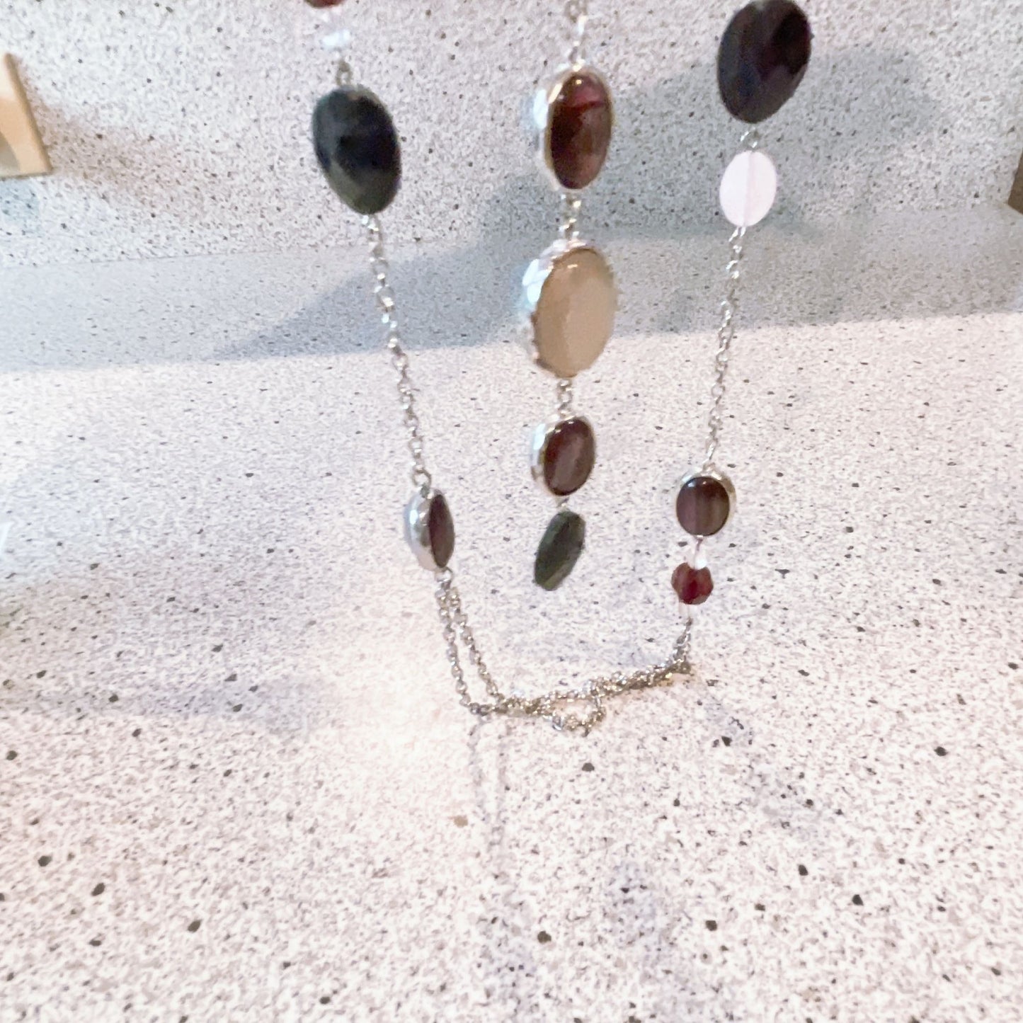 Chico's Multi Strand Beaded Long Necklace Silver Brown