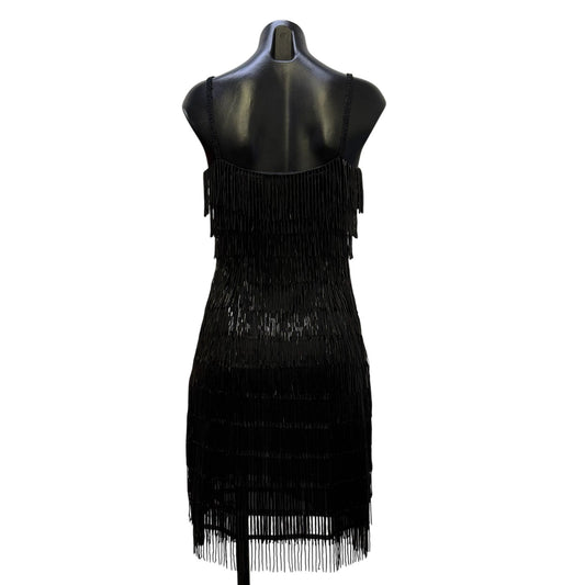 J Harris Black Beaded Fringe Cocktail Dress Vintage Design XS