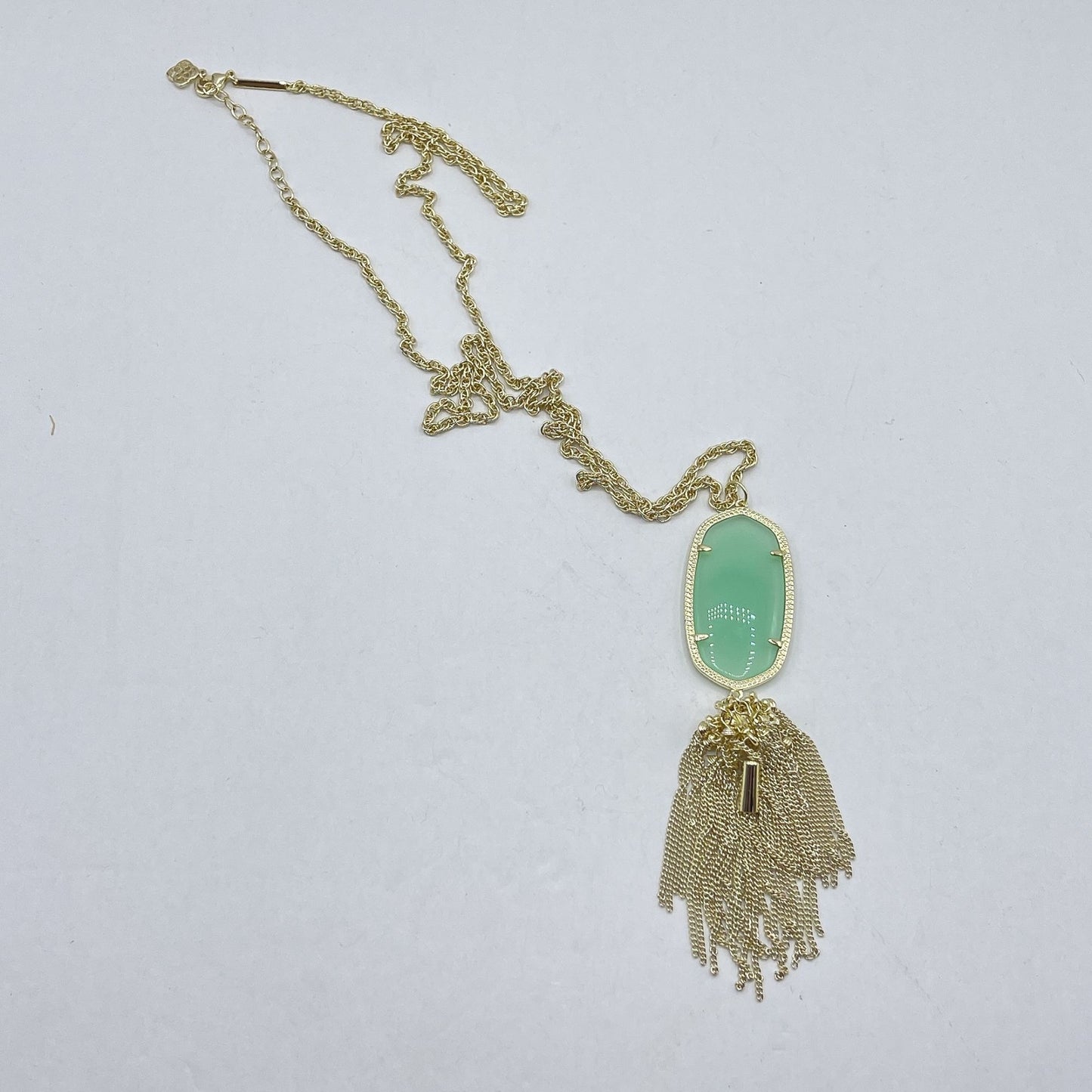 Gold Kendra Scott Necklace With Green Stone & Tassel Pendant