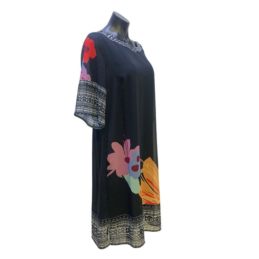 Soft Surroundings Navy & Multicolored Print Shift Dress w/Slip, Size Medium