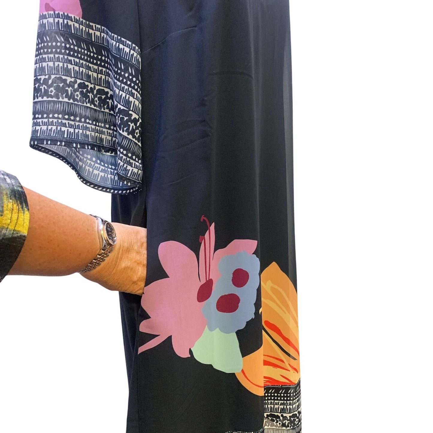 Soft Surroundings Navy & Multicolored Print Shift Dress w/Slip, Size Medium