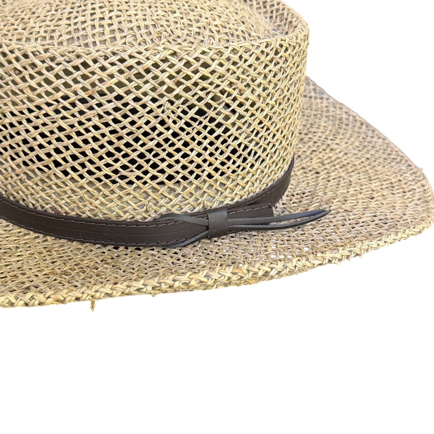 Stetson Straw Hat Brown Wide Brim With Leather Band S/M