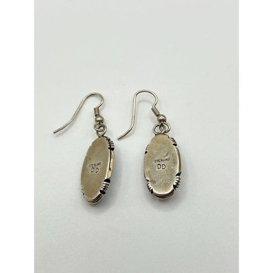 925 Vintage Sterling Silver Native American Navajo Oval Malachite Drop Earrings By DD