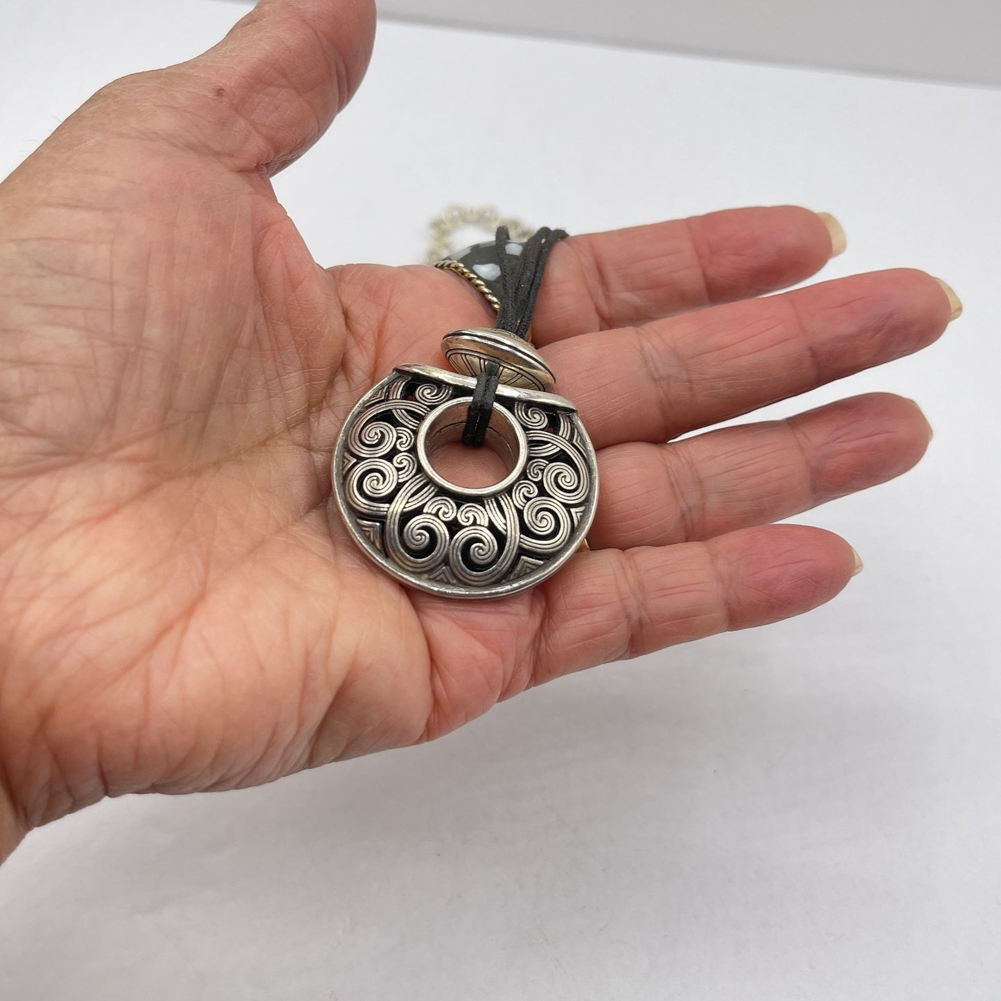 Brighton Silver-Tone Medallion Necklace With Black Cord