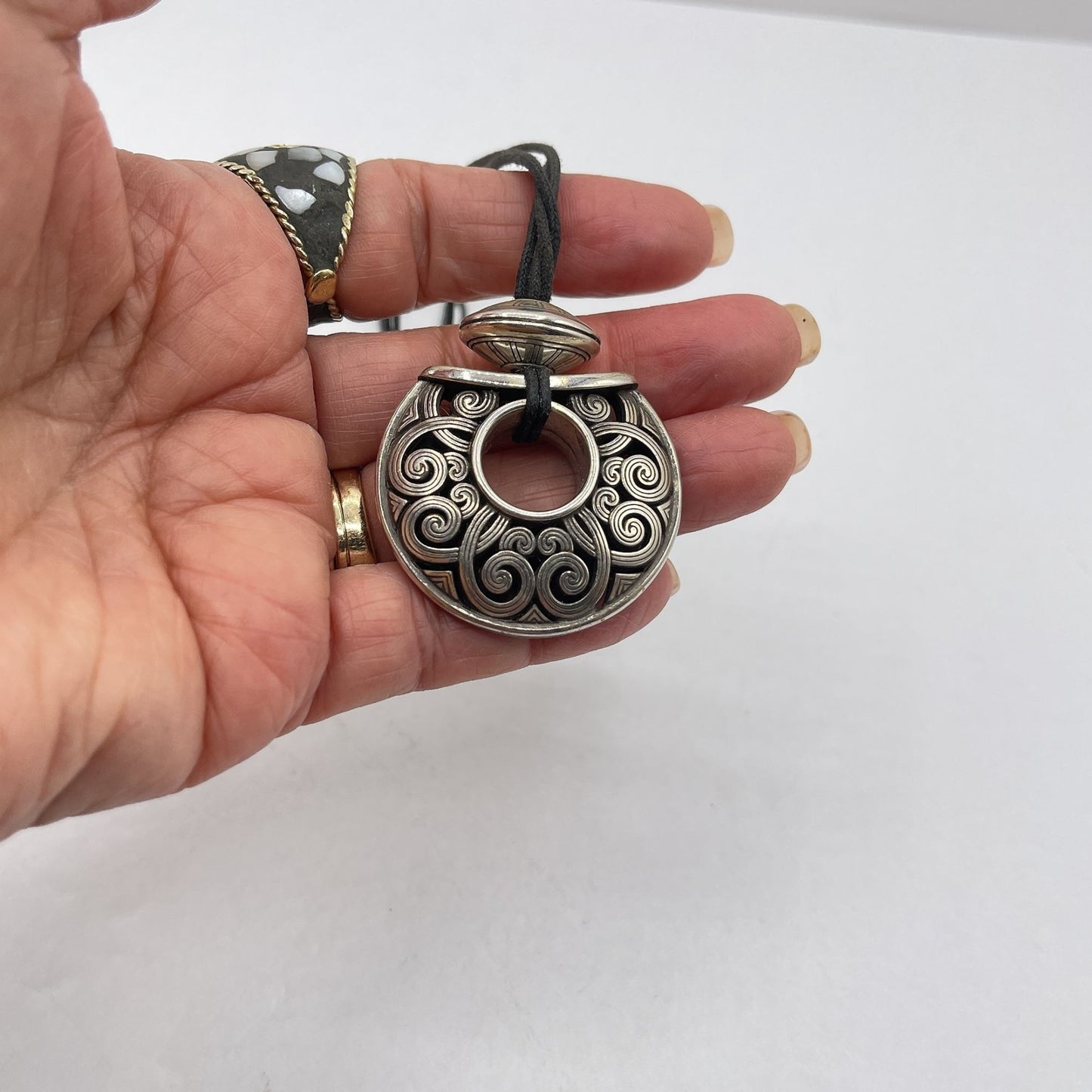 Brighton Silver-Tone Medallion Necklace With Black Cord