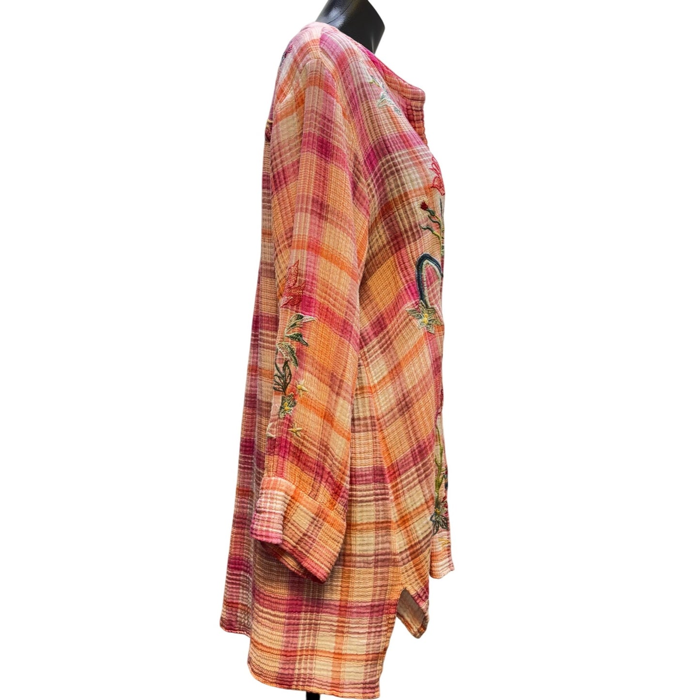 Johnny Was Workshop Floral Embroidered Plaid Tunic Long Sleeve Boho Chic