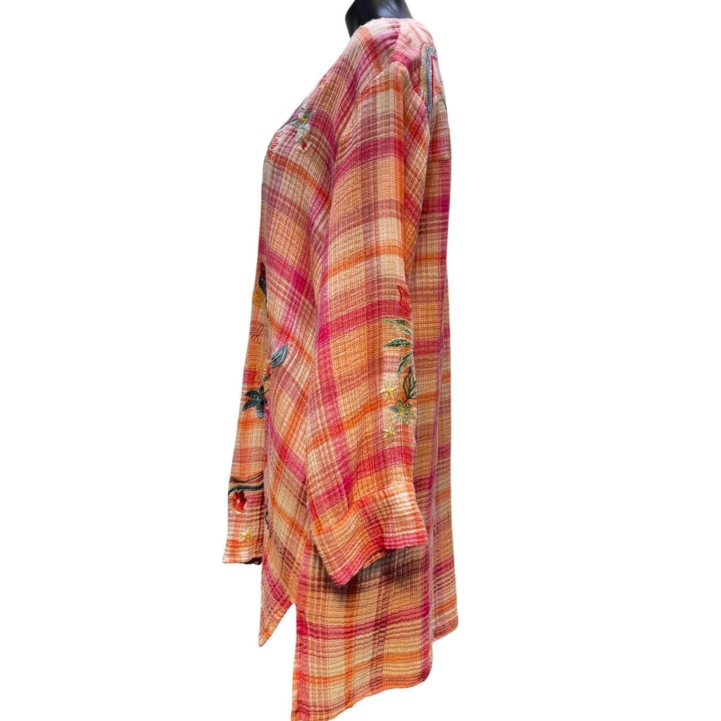 Johnny Was Workshop Floral Embroidered Plaid Tunic Long Sleeve Boho Chic