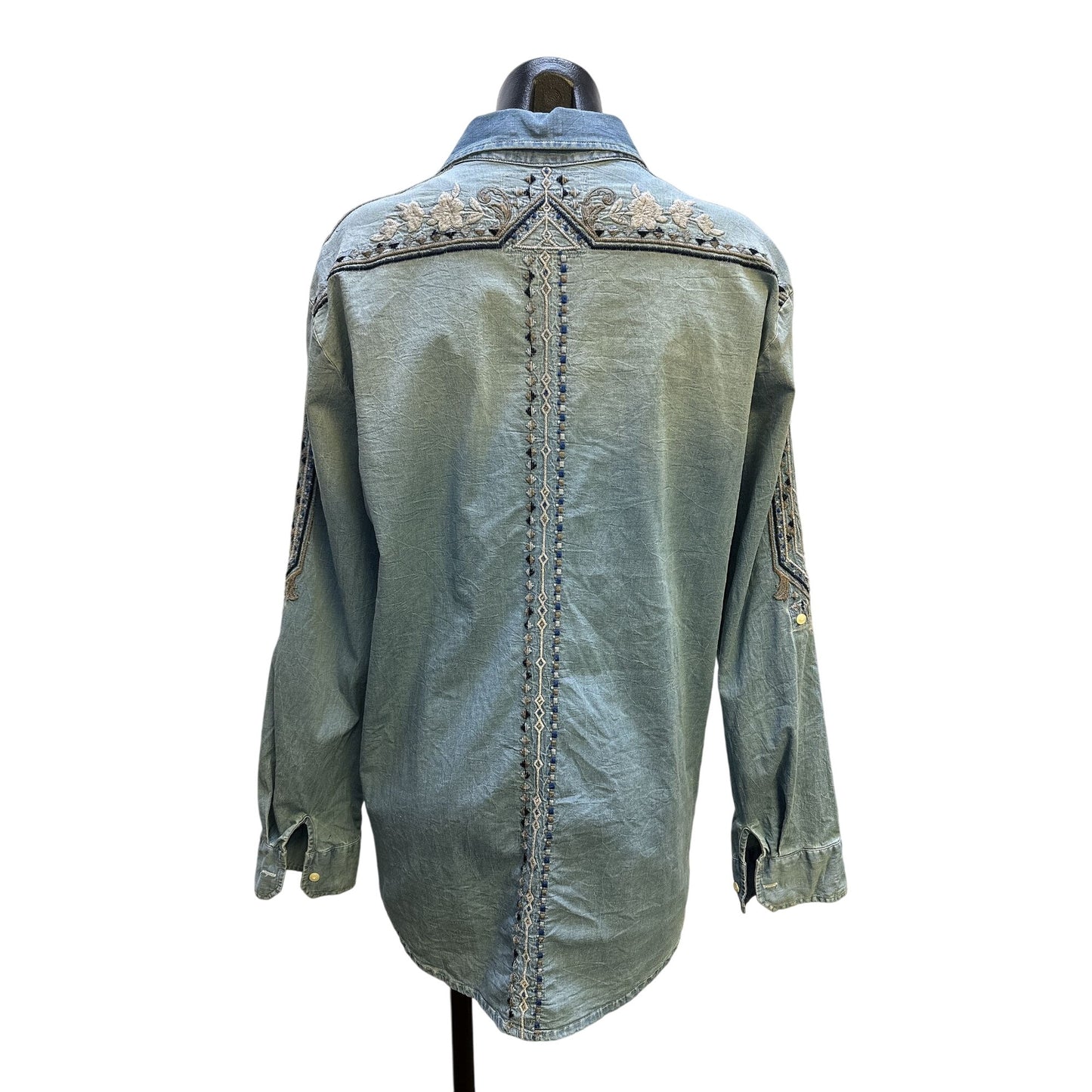 Johnny Was Embroidered Denim Blouse w/Floral Accents Size L