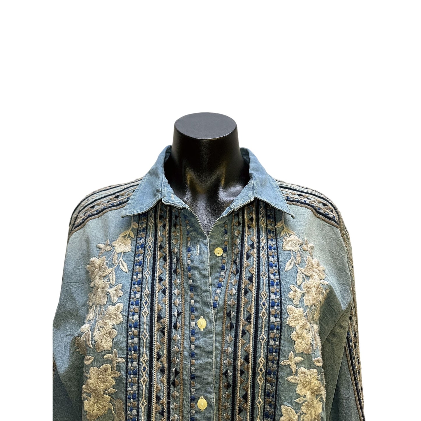 Johnny Was Embroidered Denim Blouse w/Floral Accents Size L