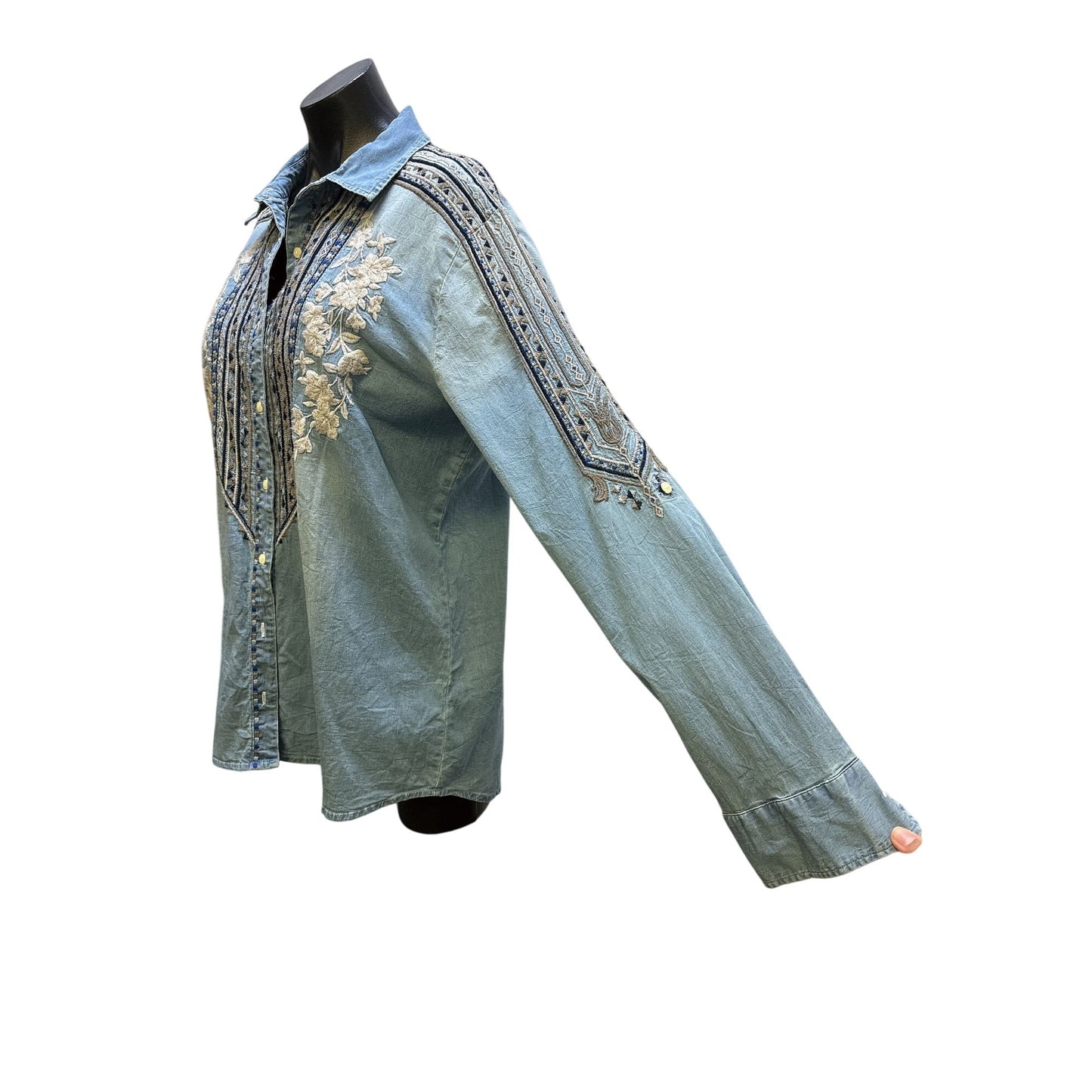 Johnny Was Embroidered Denim Blouse w/Floral Accents Size L