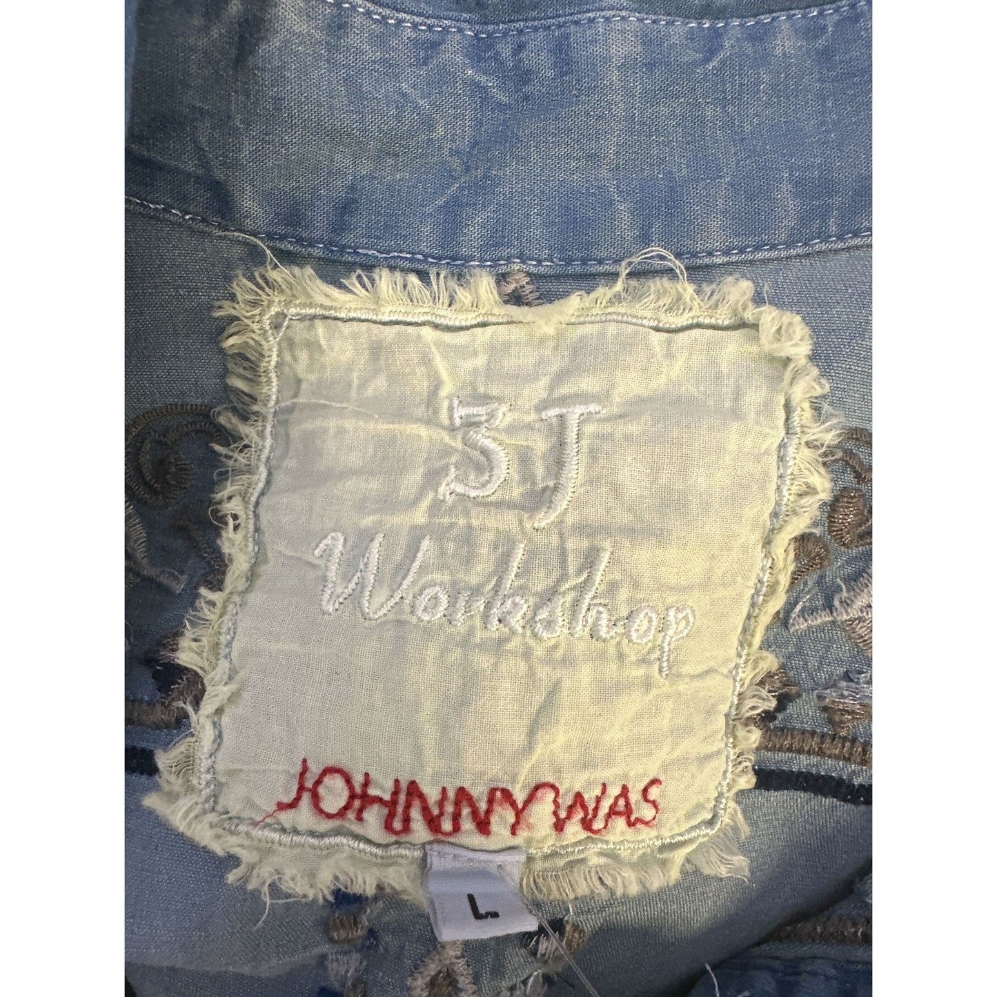 Johnny Was Embroidered Denim Blouse w/Floral Accents Size L