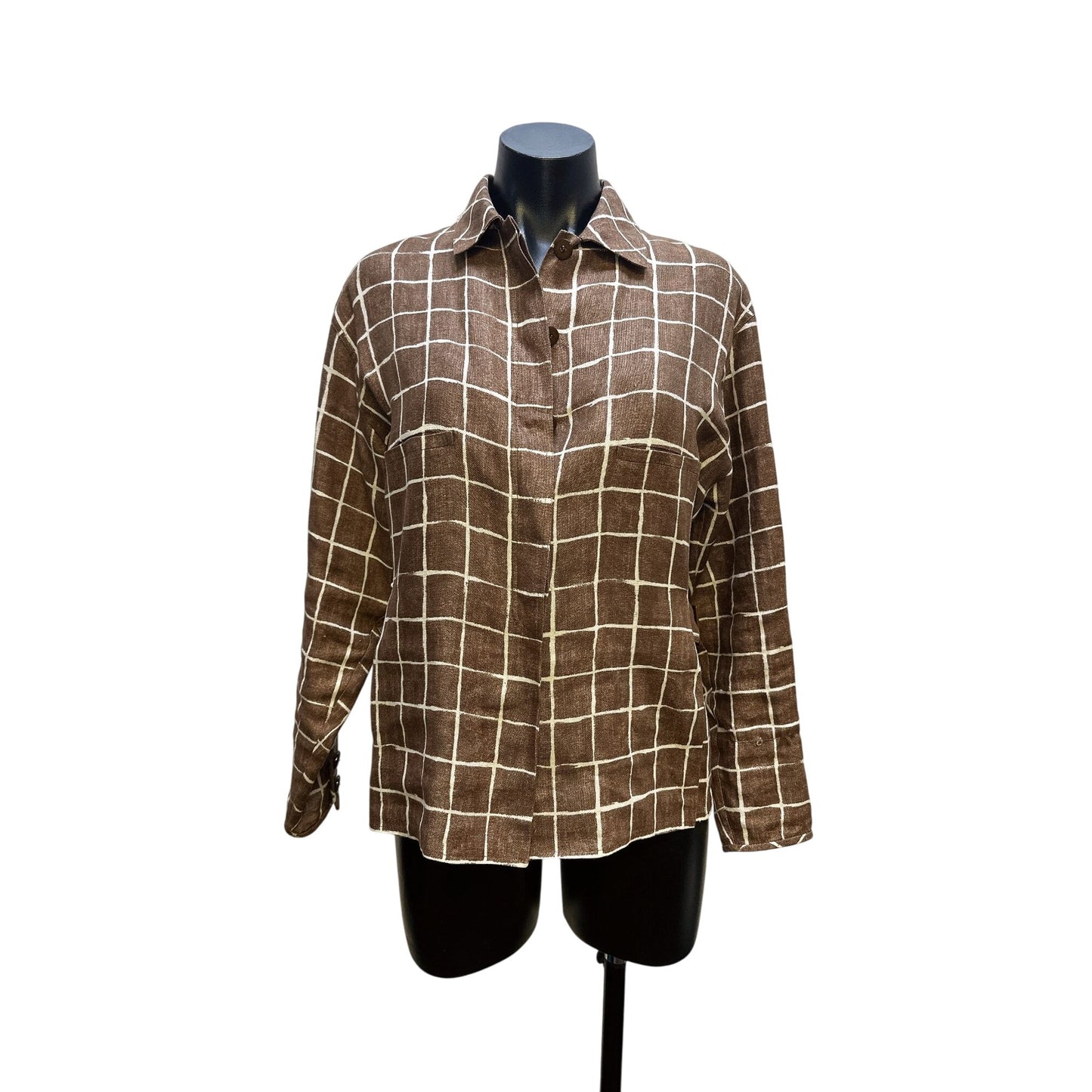 Valentino Brown & White Checkered Long Sleeve Button-Up Blouse