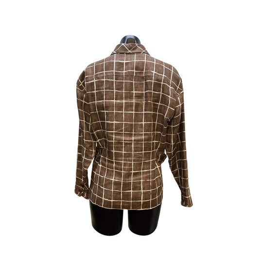 Valentino Brown & White Checkered Long Sleeve Button-Up Blouse
