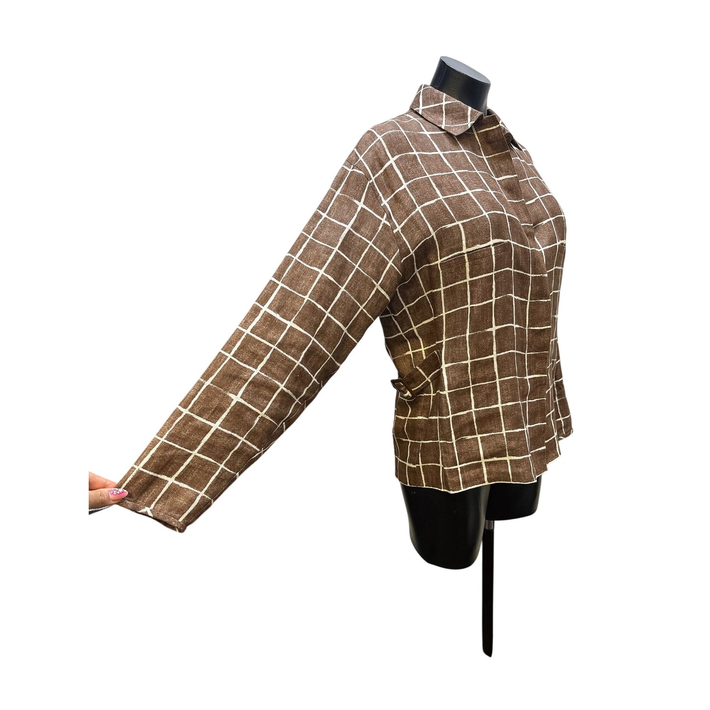 Valentino Brown & White Checkered Long Sleeve Button-Up Blouse