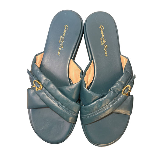 Gianvito Rossi Blue Leather Cross-Strap Sliders Size 8.5