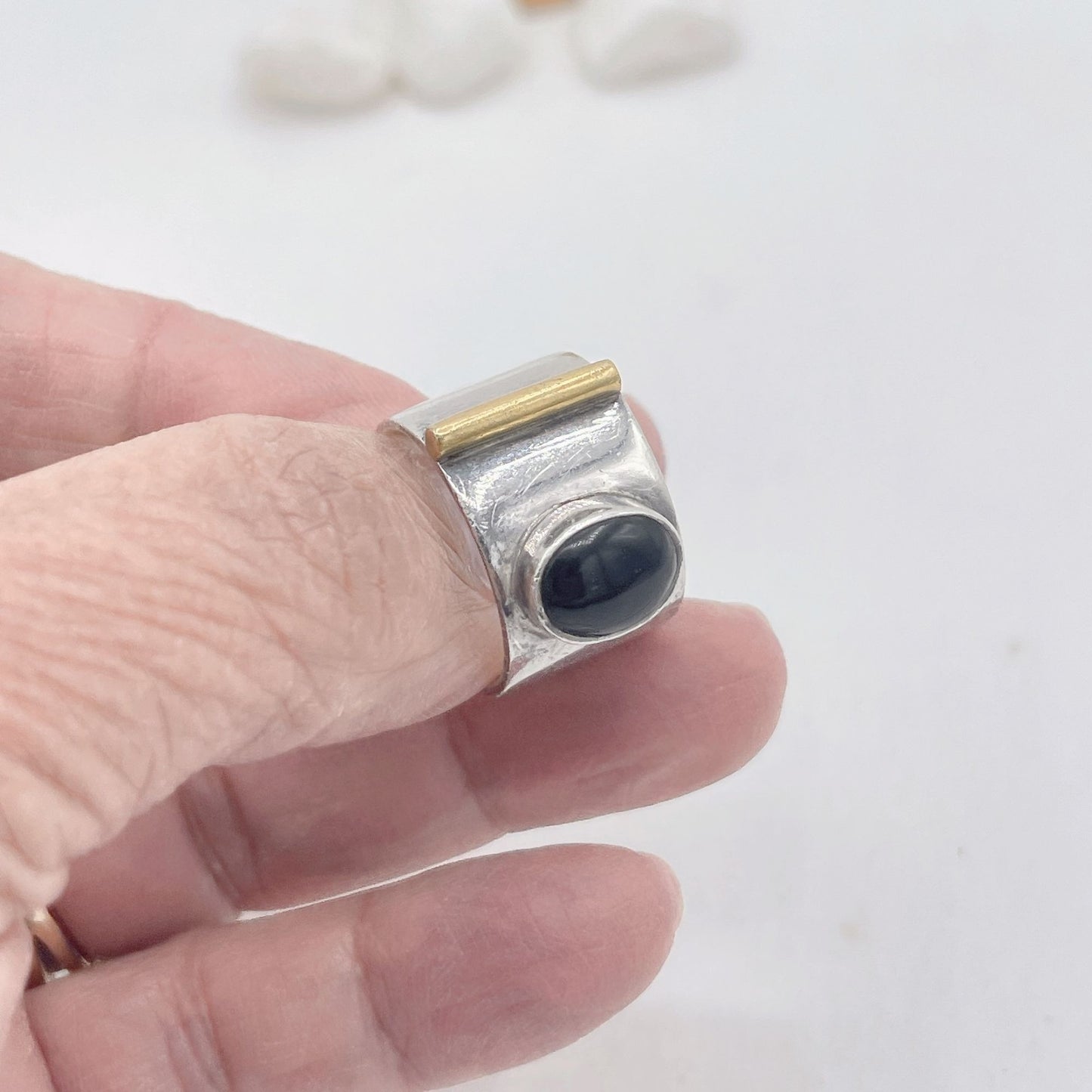 Onyx Stone Silver Gold Trim 925 Silver Ring size 7