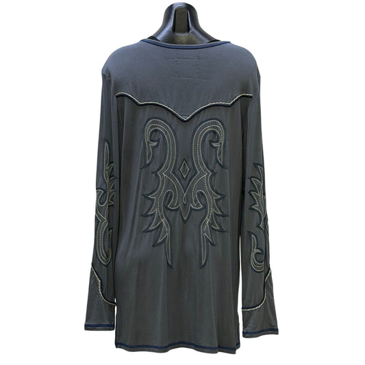 Double D Ranch Embroidered Tunic Top Gray Long Sleeves Western Style Shirt 1X