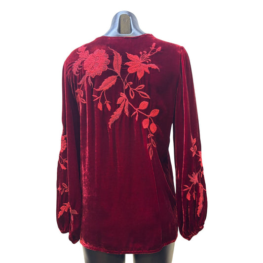 Johnny Was Red Velvet Embroidered Blouse Size S