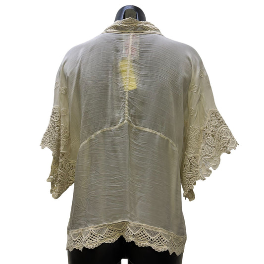 Johnny Was Silk Cardigan Ivory Lace Trim Open Front S