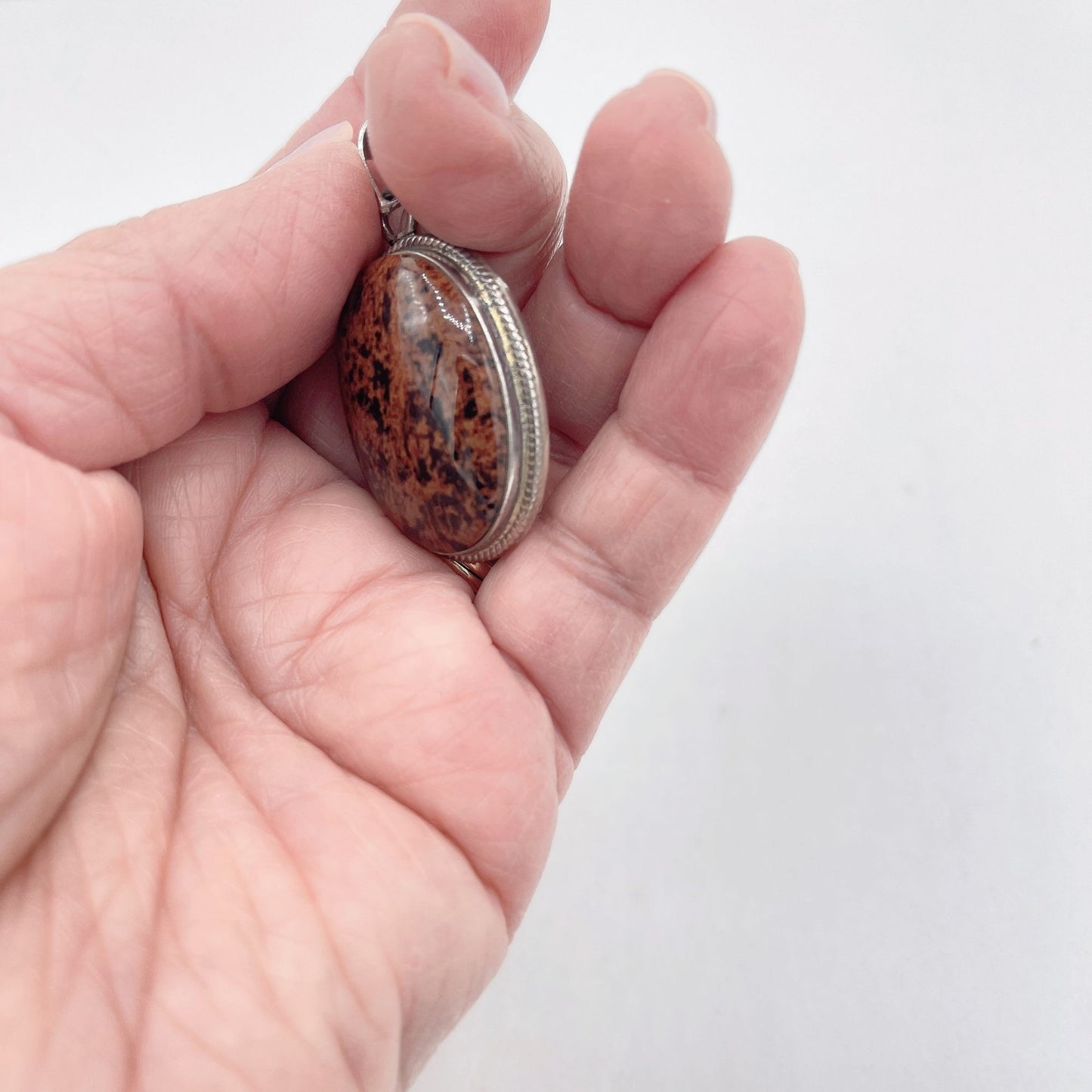 925 Silver Oval Brown & Black Stone Necklace Pendant Medium