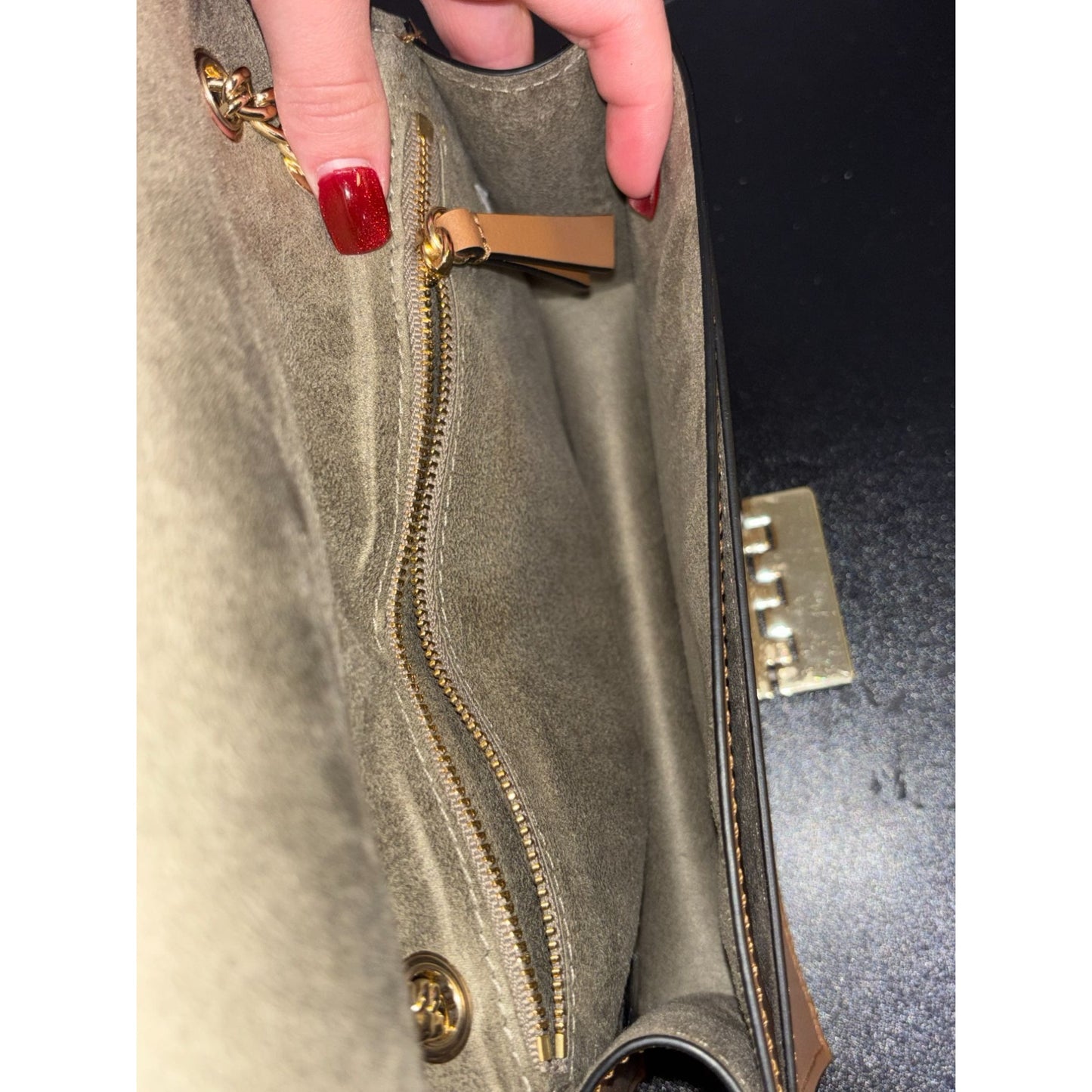 Zac Posen Brown Leather Crossbody Bag With Gold Chain Strap & Lock Closure