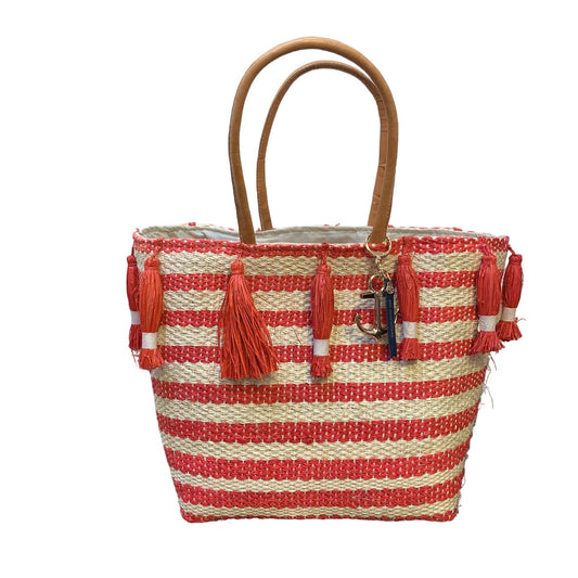 Spartina 449 Red & Natural Straw w/Leather Handles Tasseled Tote Bag Extra Large