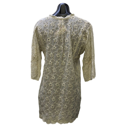 Johnny Was Cream Embroidered Tunic Blouse Floral Lace 3/4 Sleeve S