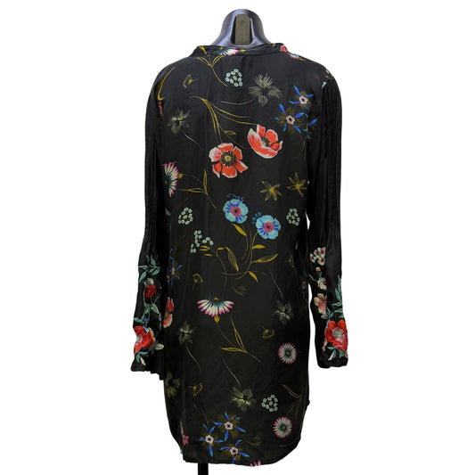 Johnny Was Black Floral Silk Tunic Blouse M