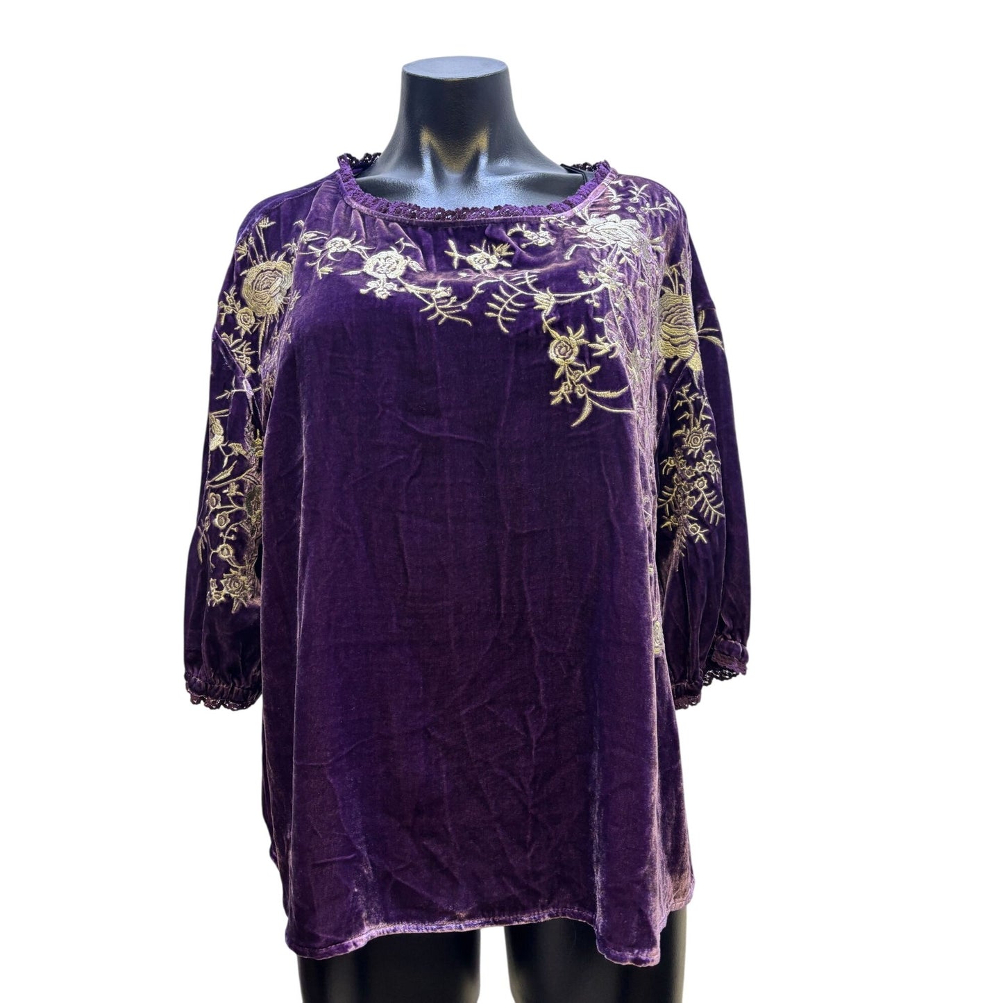 NWT Sundance Velvet Blouse Purple Embroidered Floral Design L