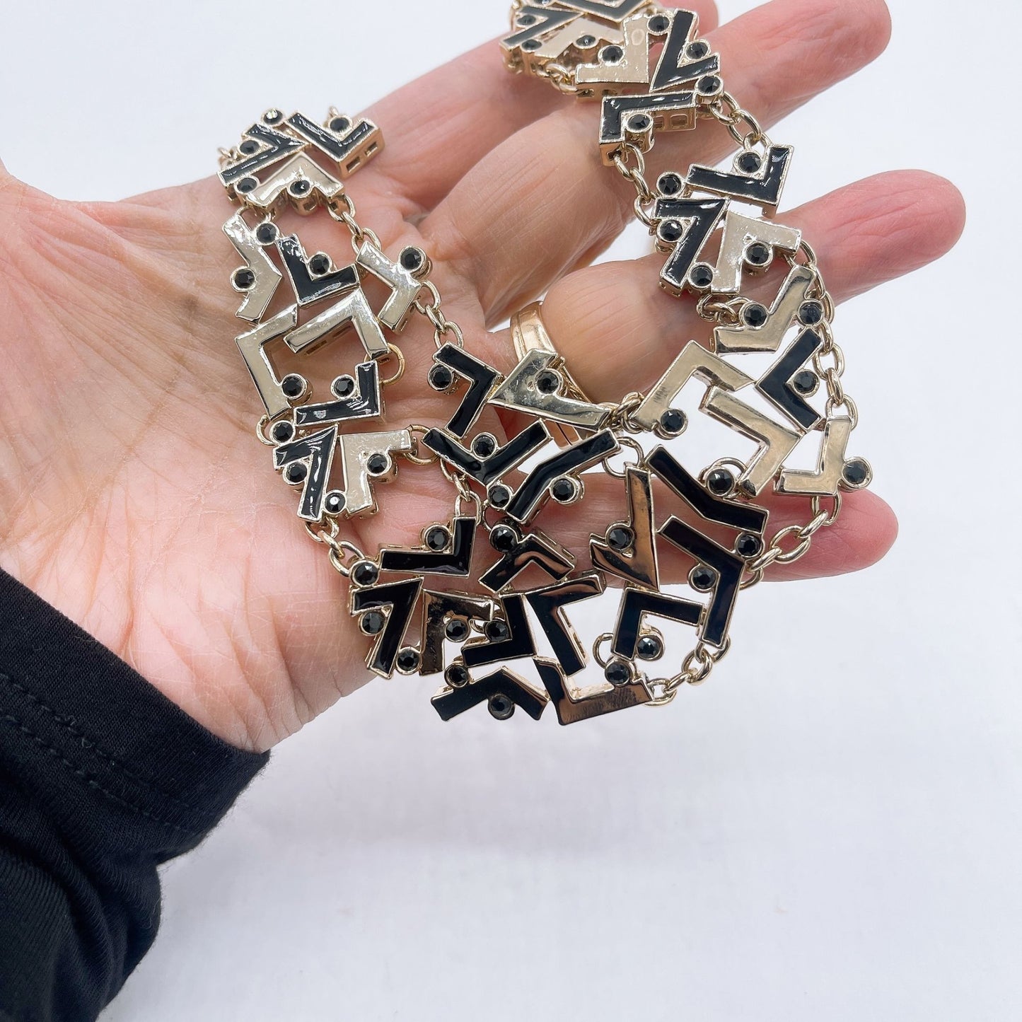 St John Black Gold Multi Link Geometric Pattern Necklace Medium