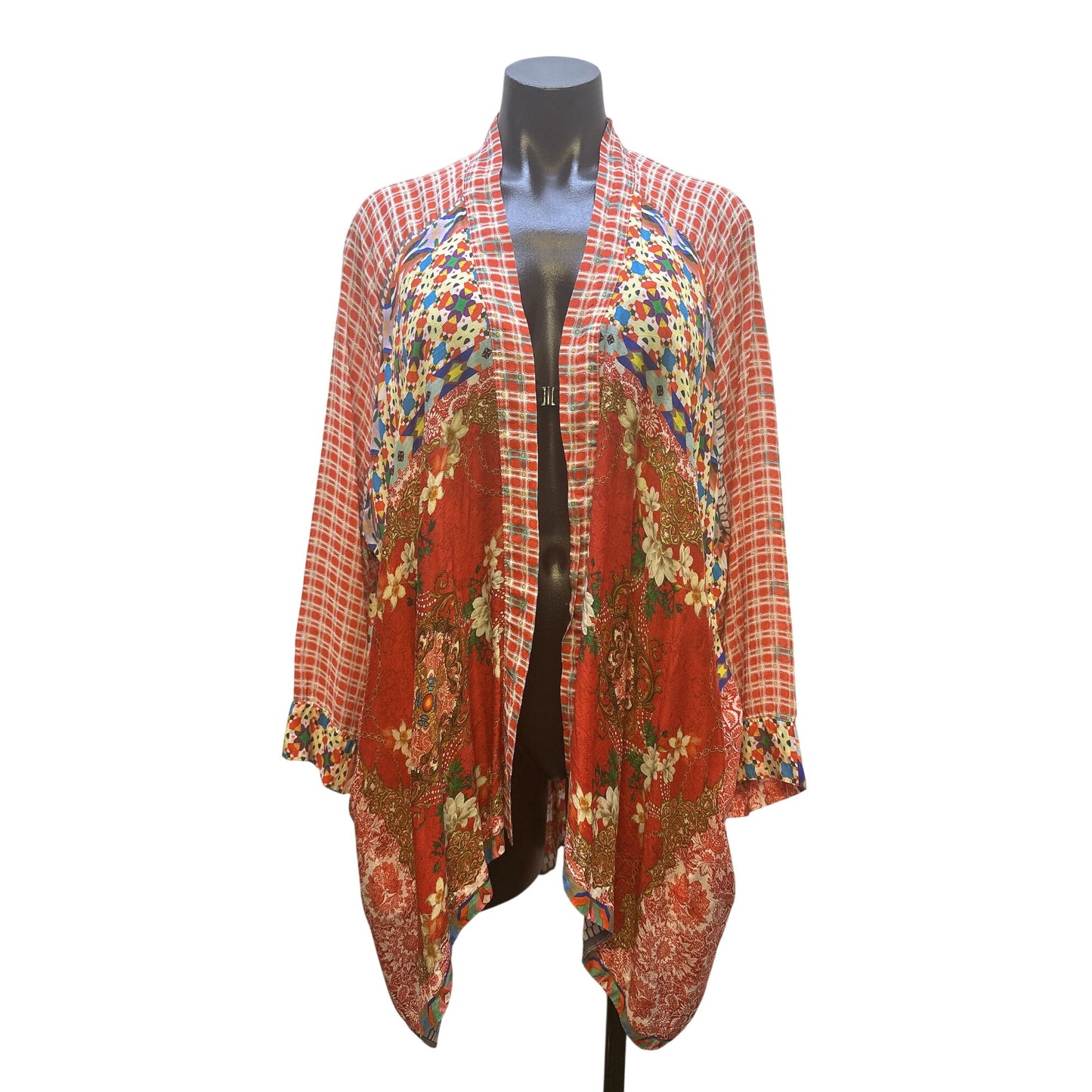 Johnny Was Bohemian Patchwork Open Front Silk Cardigan Red Size M