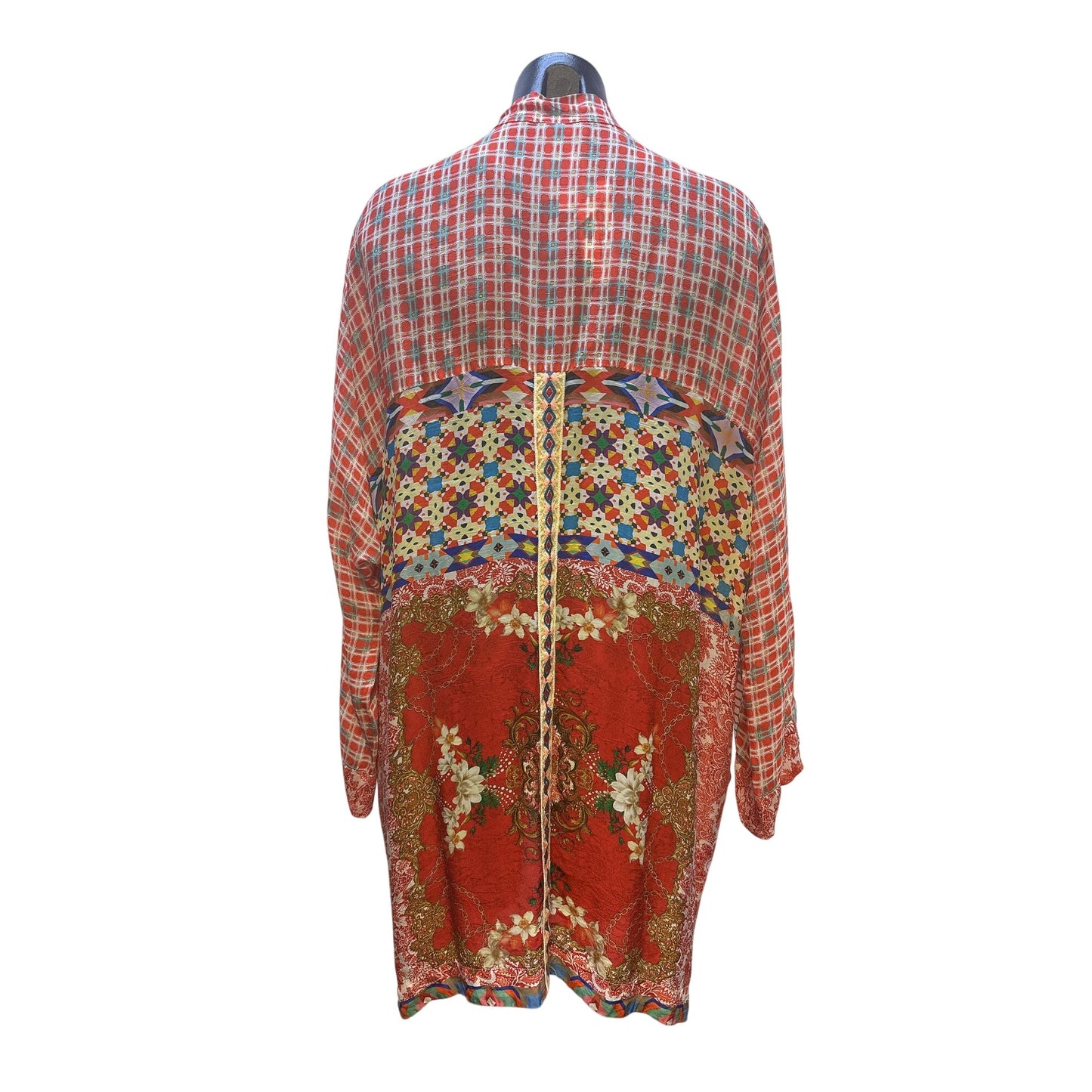 Johnny Was Bohemian Patchwork Open Front Silk Cardigan Red Size M
