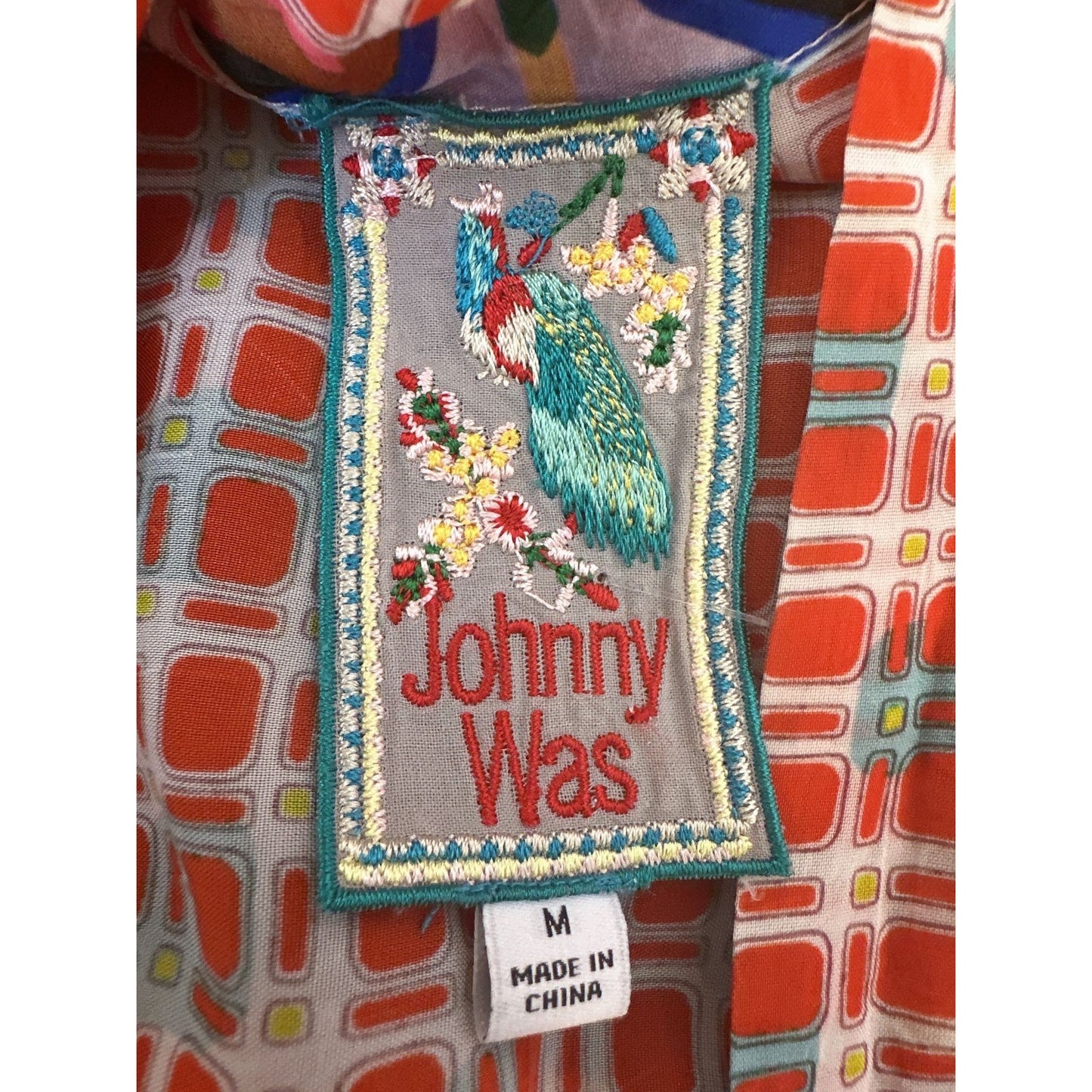 Johnny Was Bohemian Patchwork Open Front Silk Cardigan Red Size M