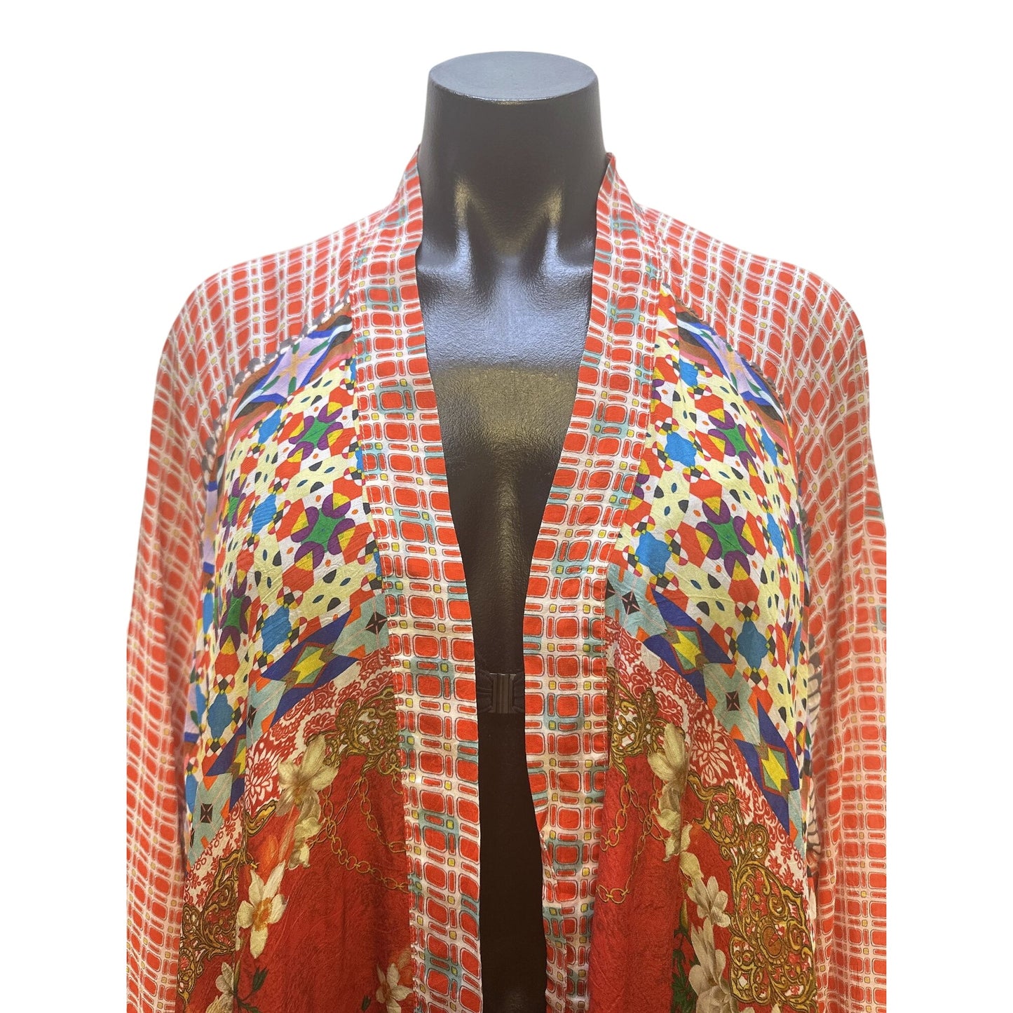 Johnny Was Bohemian Patchwork Open Front Silk Cardigan Red Size M