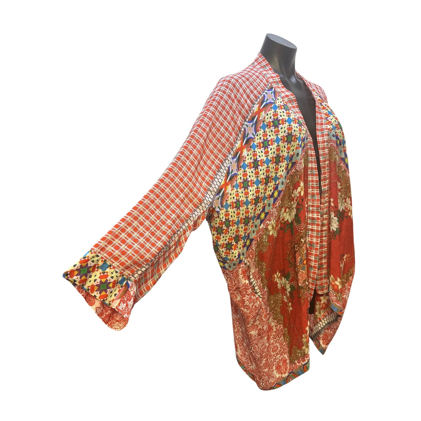 Johnny Was Bohemian Patchwork Open Front Silk Cardigan Red Size M