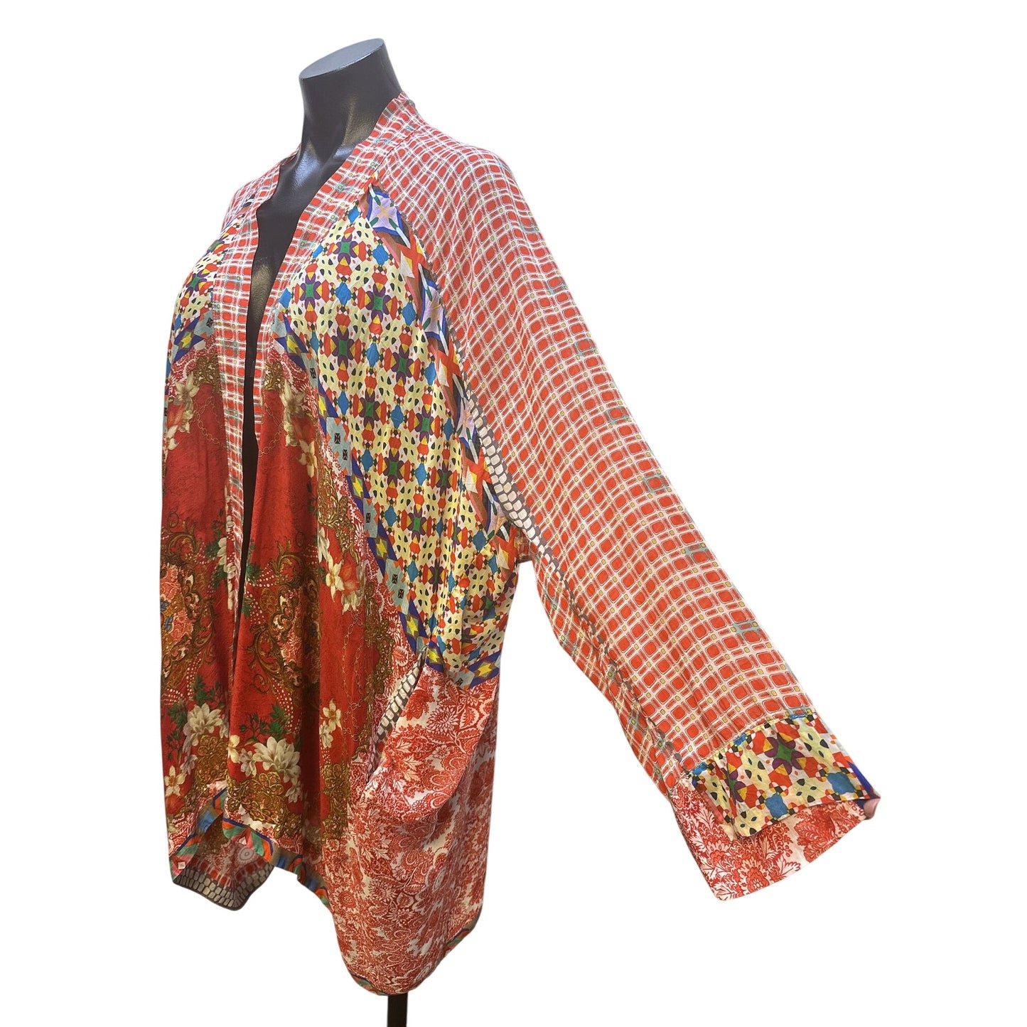 Johnny Was Bohemian Patchwork Open Front Silk Cardigan Red Size M
