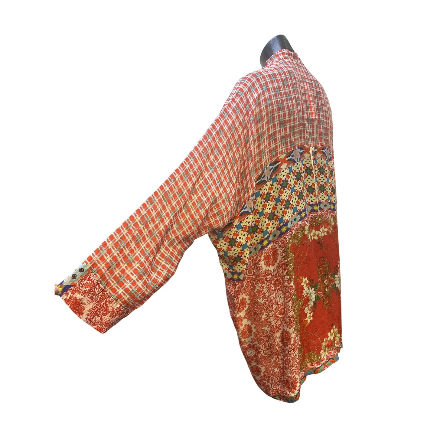 Johnny Was Bohemian Patchwork Open Front Silk Cardigan Red Size M