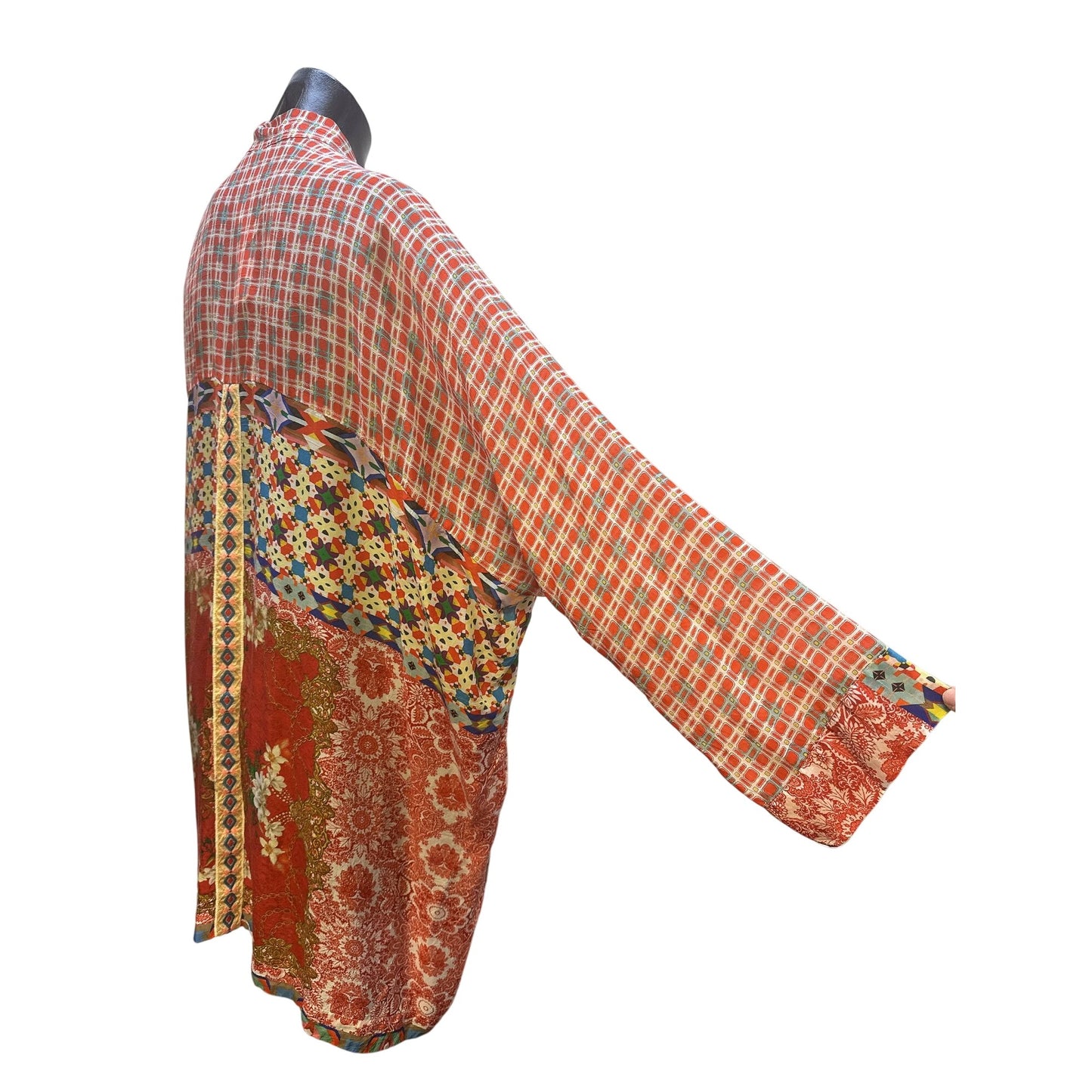 Johnny Was Bohemian Patchwork Open Front Silk Cardigan Red Size M