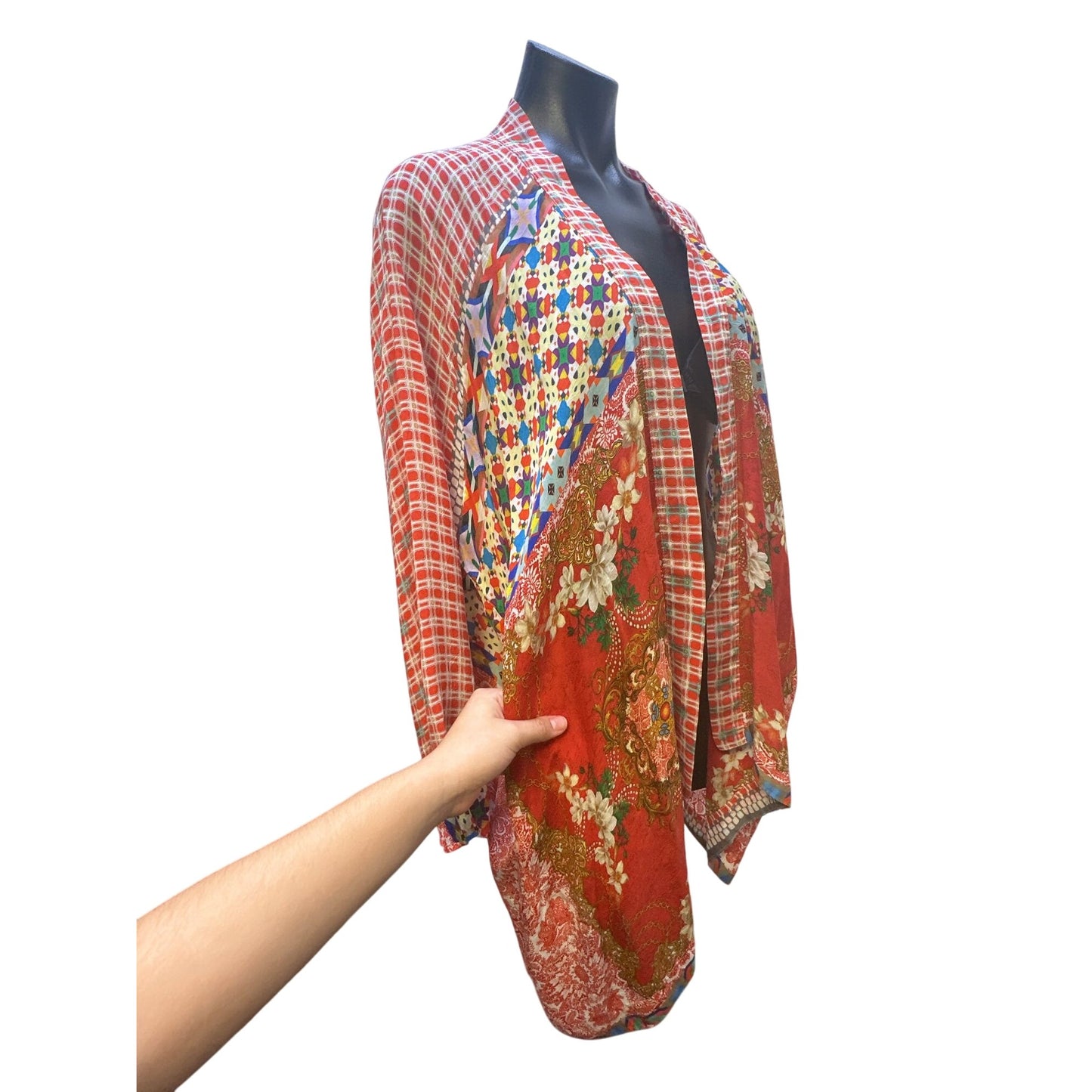 Johnny Was Bohemian Patchwork Open Front Silk Cardigan Red Size M