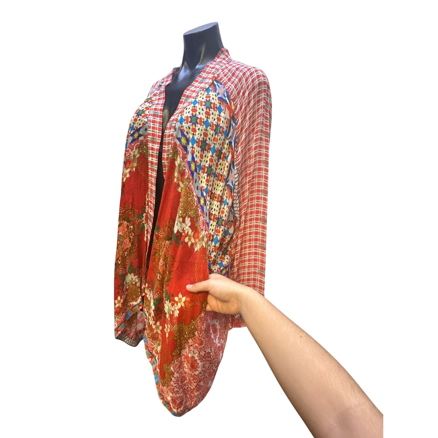 Johnny Was Bohemian Patchwork Open Front Silk Cardigan Red Size M