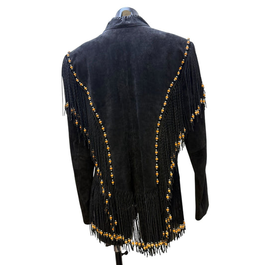 Cripple Creek Western Suede Fringe Jacket Black Beaded Detailed Cowgirl Heather Design With Button XL