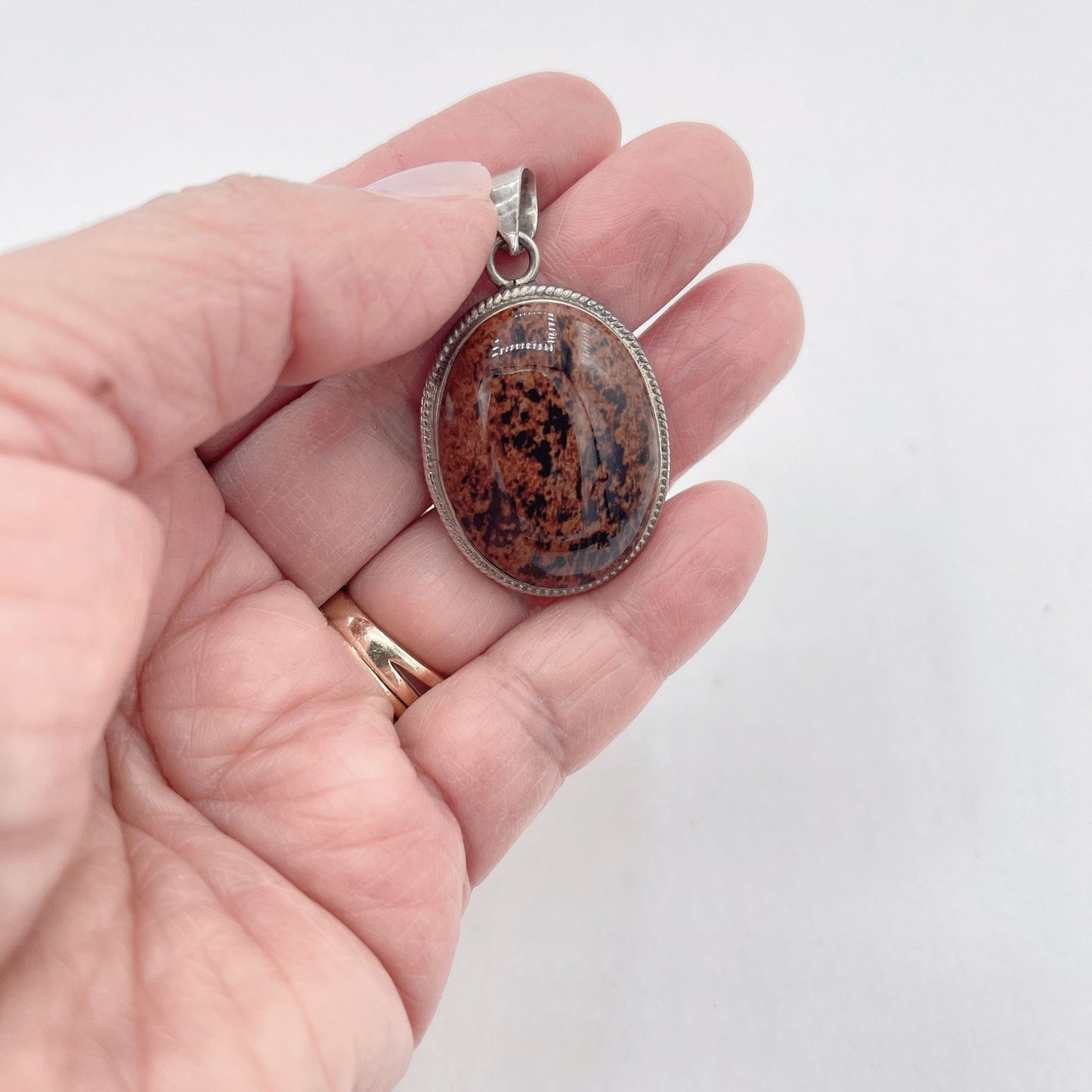 925 Silver Oval Brown & Black Stone Necklace Pendant Medium