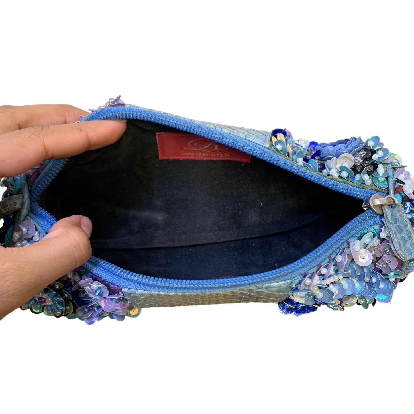 *Laura Lee Blue Beaded Snakeskin Wristlet Small