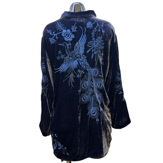 Johnny Was Embroidered Velvet Button-Up Blouse Blue M
