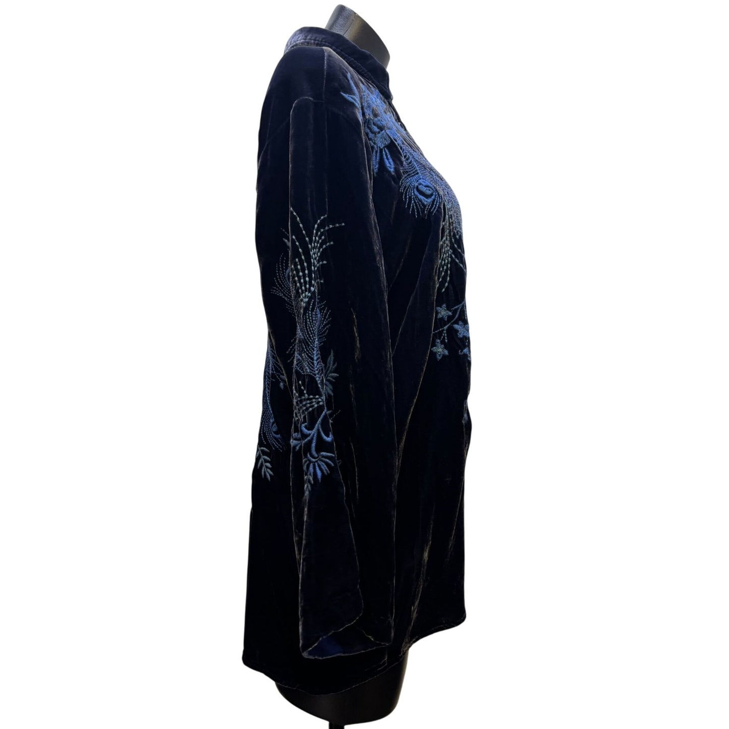 Johnny Was Embroidered Velvet Button-Up Blouse Blue M