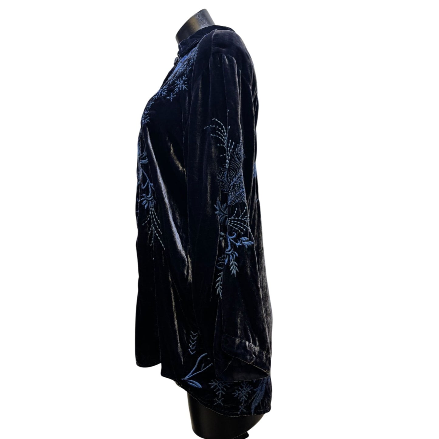 Johnny Was Embroidered Velvet Button-Up Blouse Blue M