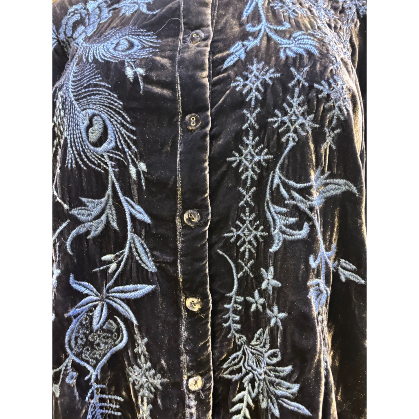 Johnny Was Embroidered Velvet Button-Up Blouse Blue M